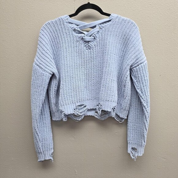 Hazel Moon Sweater Womens Medium Blue Distressed V-Neck Lace-Up Back Cropped - Picture 5 of 11